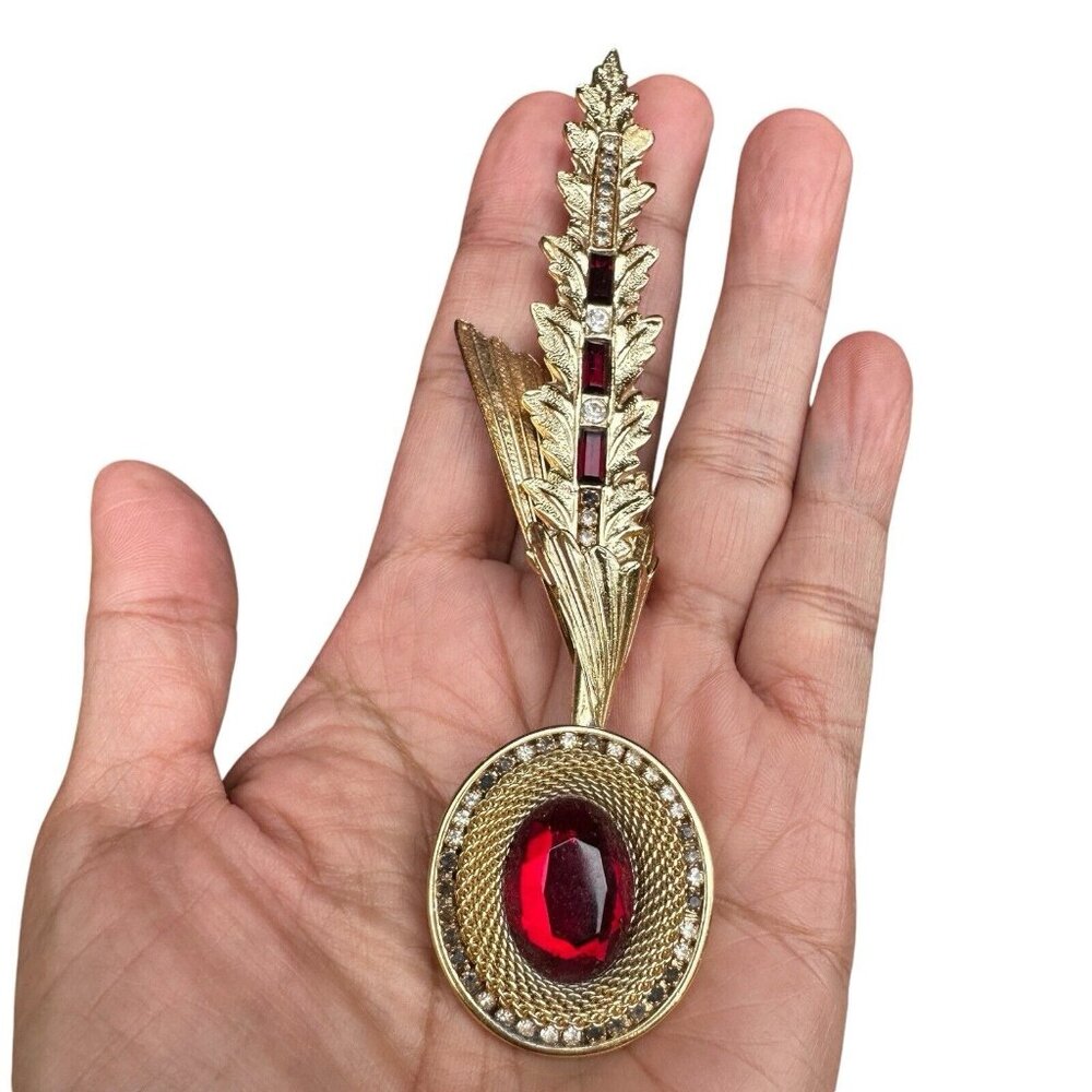 VTG Whiting Davis Feather Brooch Pin 5 Inch Red Glass Rhinestone Gold Plate Rare